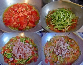 Pasta con zucchine e gamberetti  tonno e pomodori
